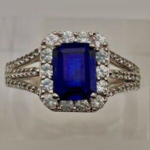Estate 925? sz6.75 CEYLON/Kashmir SAPPHIRE & Diamond halo split shank ring GORG!